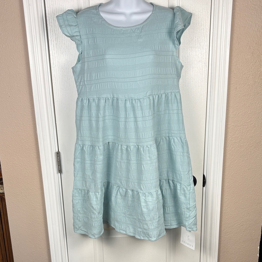 Yousify Women's Flutter Sleeve Tiered Light Green Pullover Midi Dress Size S NWT